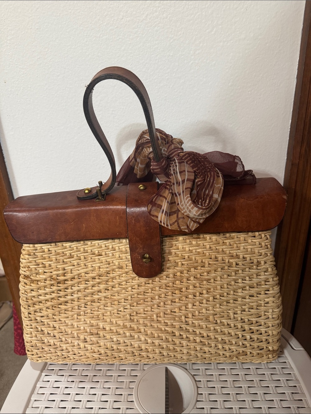 Etienne Aigner Woven Straw Tote with Brown Leather Trim and Scarf Accent